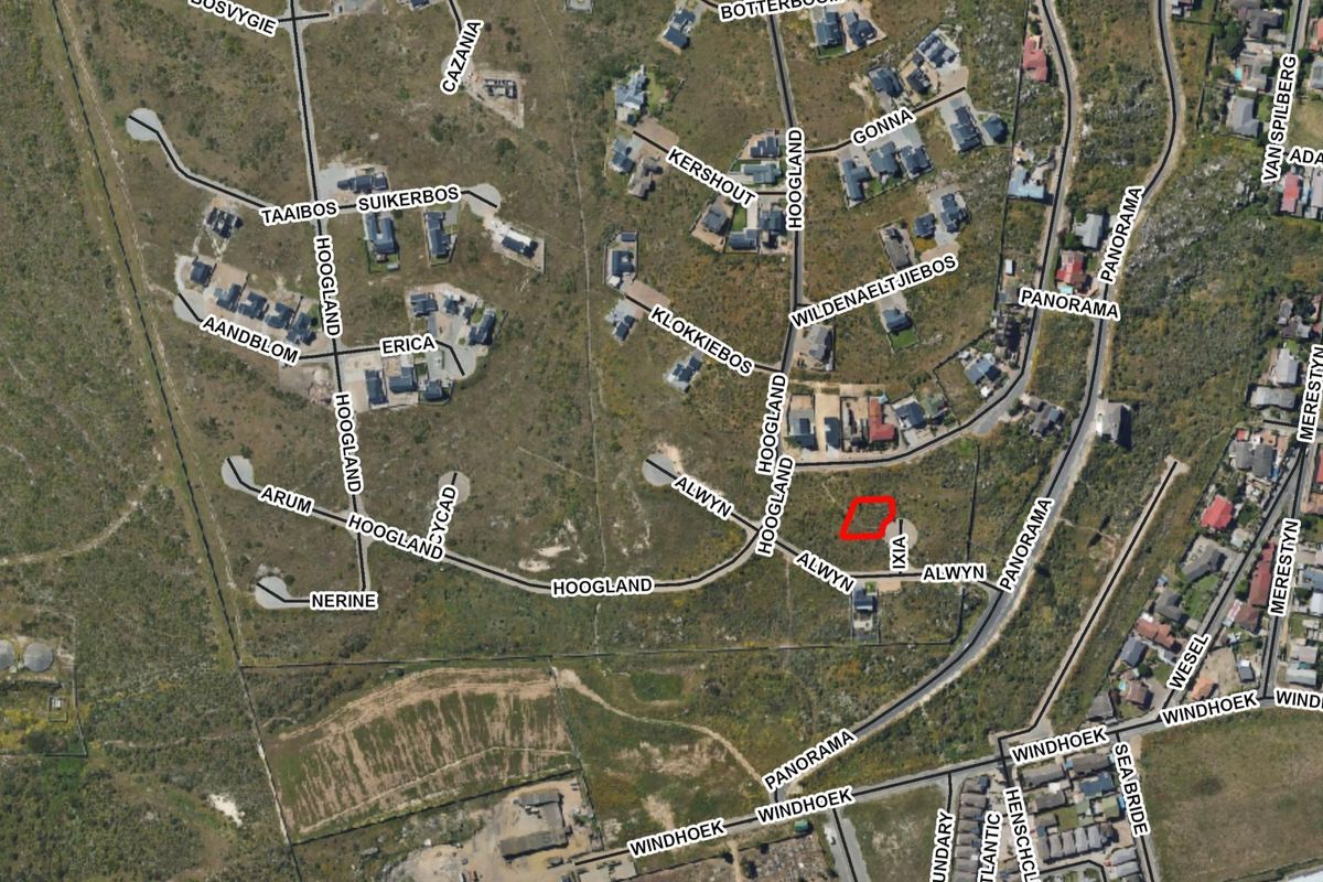 Aerial view of a residential plot highlighted in red within a developed estate, showing surrounding road infrastructure and neighborhood layout.