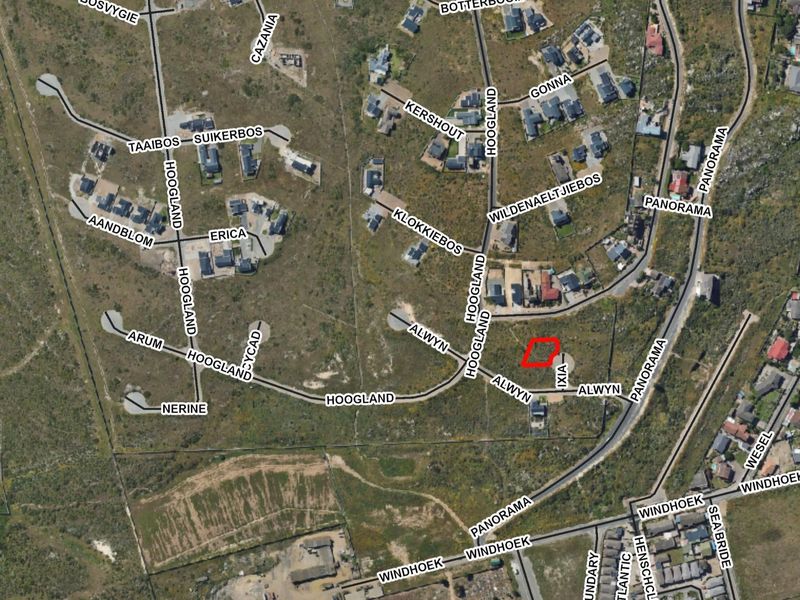 Aerial view of a residential plot highlighted in red within a developed estate, showing surrounding road infrastructure and neighborhood layout.