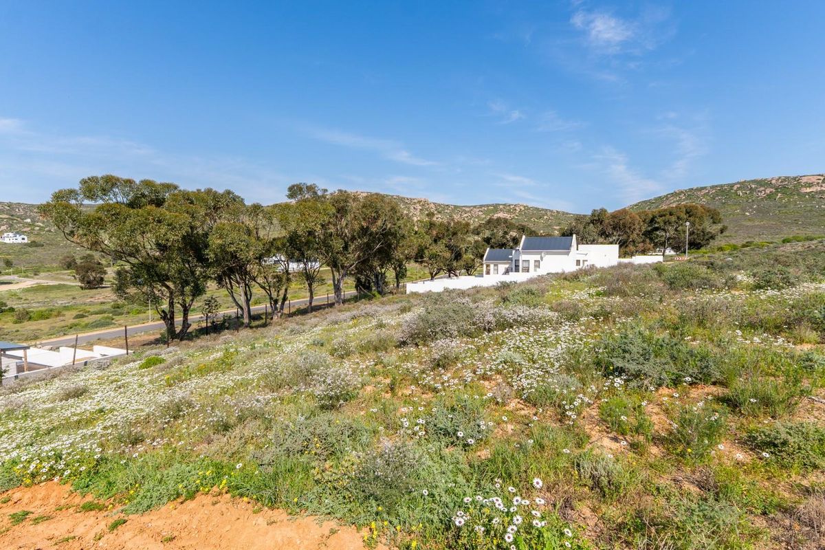 An elevated view of a vacant residential plot featuring natural landscape, native vegetation, and perimeter fencing with distant mountain views.
