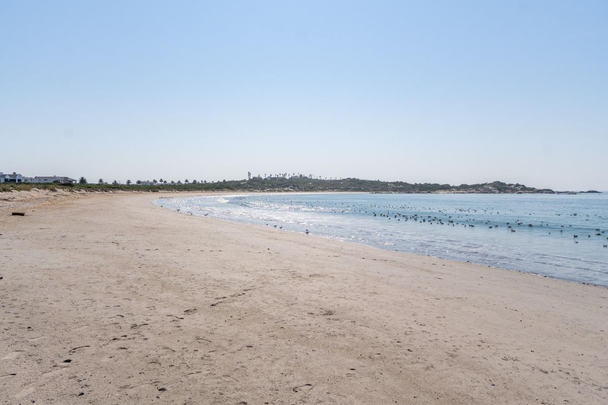 A scenic view of the sandy coastline and ocean, highlighting the natural landscape and beach access adjacent to the property.