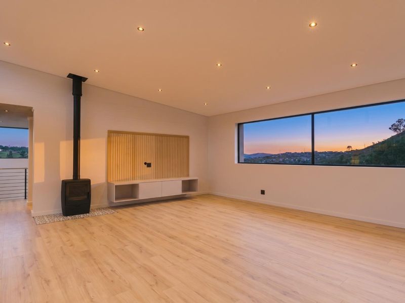 Spacious living room featuring a modern wood-burning fireplace, built-in media cabinetry, light wood-look flooring, and expansive windows with scenic sunset views.