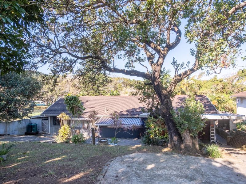 A view of the rear exterior of the house featuring a tiled roof, concrete driveway, and established garden with mature trees.