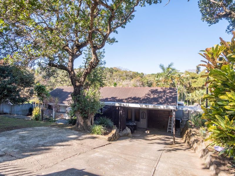 Front view of a single-story house featuring a concrete driveway, tiled roof, and established garden surroundings.