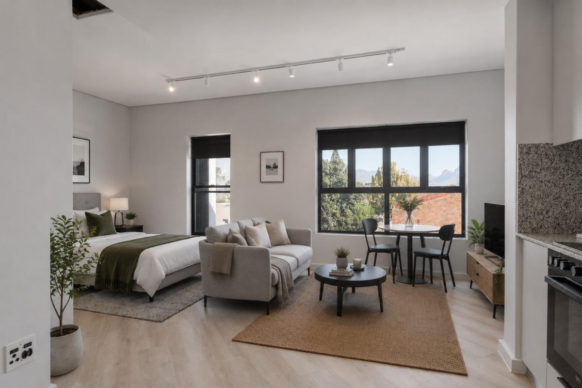Modern open-plan studio apartment featuring a combined living and sleeping area with track lighting, large windows, and a compact kitchen with built-in oven.