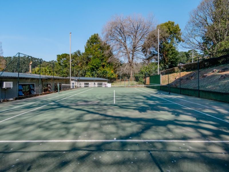 A private outdoor tennis court featuring a hard surface, perimeter chain-link fencing, and integrated floodlight poles.