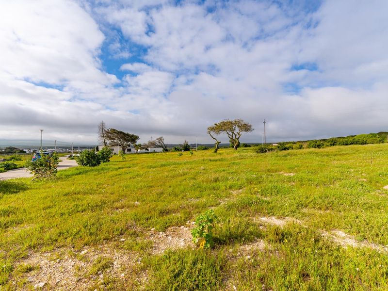 A wide-angle view of a vacant residential plot featuring natural grassland, street lighting, and utility infrastructure under a cloudy sky.