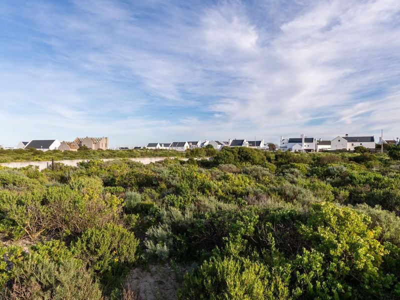 A wide-angle view of a vacant residential plot featuring native coastal vegetation and a boundary wall, with neighboring houses visible in the background.