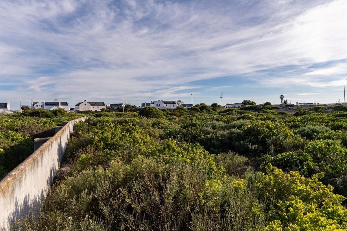A view of a vacant residential plot featuring established indigenous vegetation and a concrete boundary wall, with neighboring properties visible in the distance.