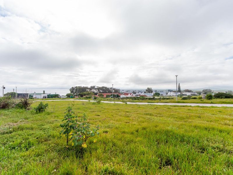 A wide-angle view of a vacant residential plot featuring natural grassland with distant coastal town infrastructure and street lighting visible.