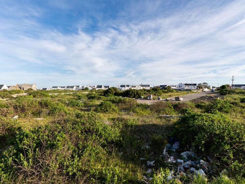 A wide-angle view of a vacant residential plot featuring native coastal vegetation and direct access to a paved road in a developed neighborhood.