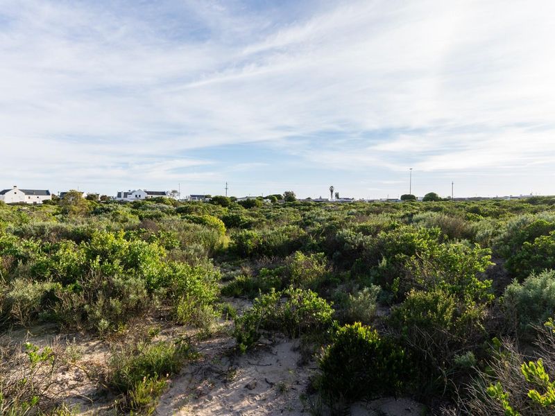 A wide-angle view of a vacant residential plot featuring natural coastal vegetation and sandy terrain, suitable for future development.
