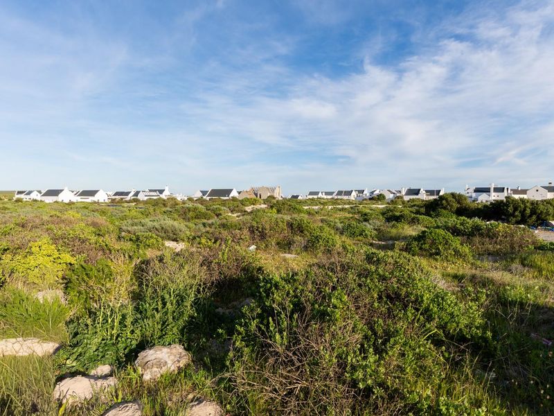 A wide-angle view of a vacant residential plot featuring natural coastal vegetation with established residential properties visible in the distance.