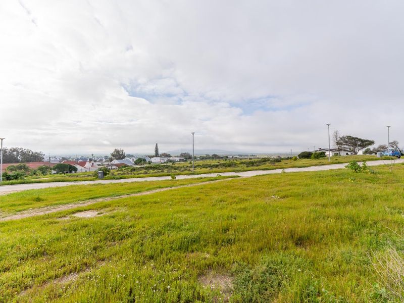A wide-angle view of a vacant residential plot featuring natural grass coverage, adjacent paved road, and surrounding neighborhood infrastructure.