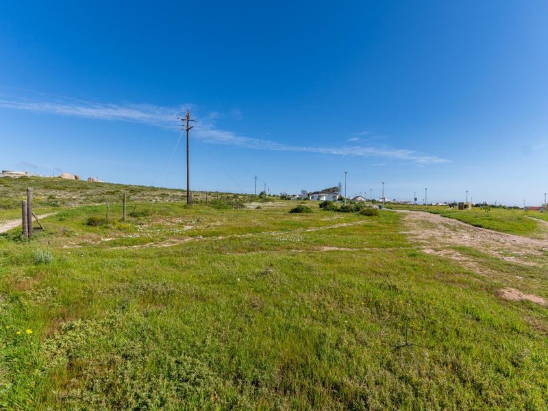 A wide-angle view of a vacant residential plot featuring natural grass cover, utility poles, and an unpaved access track.