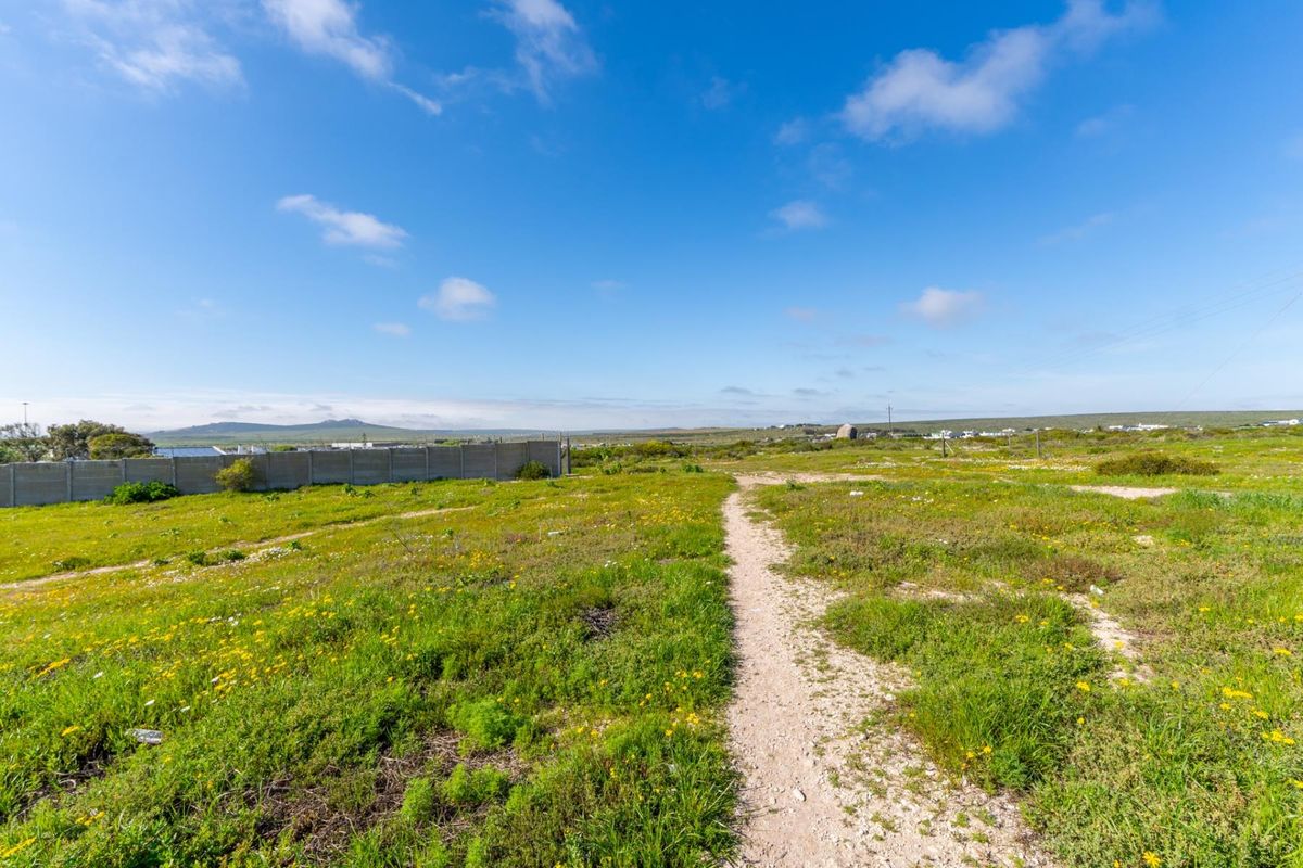 A vacant residential plot featuring natural vegetation, an unpaved access path, and a precast concrete boundary wall against a clear blue sky.
