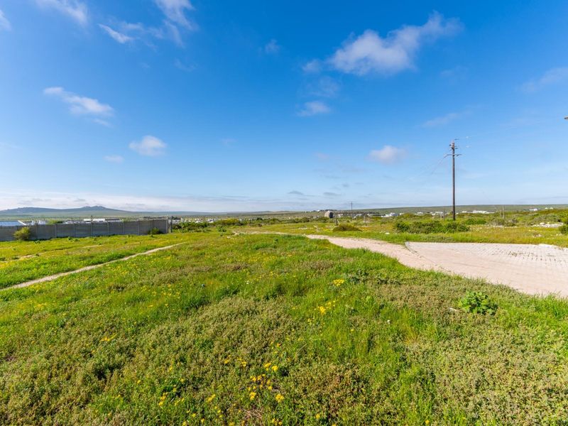 A vacant residential plot featuring a paved driveway entrance, concrete boundary wall, and open grassy landscape under a clear blue sky.