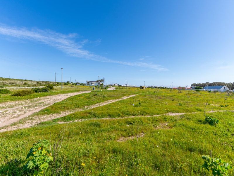 A wide-angle view of a vacant residential plot featuring natural grassland and a dirt access path, situated in a developing neighborhood.