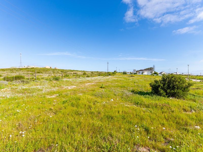 A vacant residential plot featuring natural grass coverage, perimeter wire fencing, and overhead utility lines under a clear blue sky.