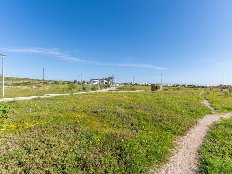 A vacant residential plot featuring natural vegetation, a dirt pathway, and existing street lighting infrastructure in a developing neighborhood.