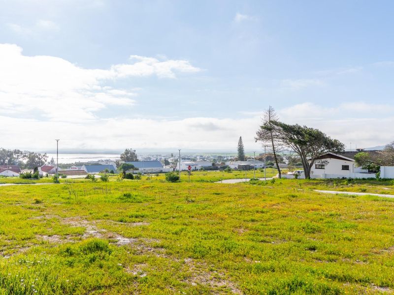 A wide-angle view of a vacant residential plot featuring natural grassland, mature trees, and a distant coastal landscape.