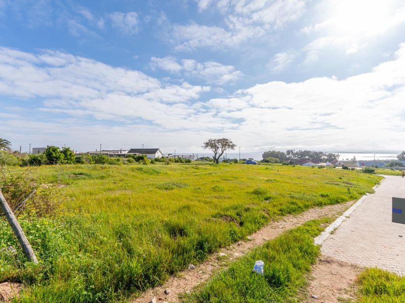 A vacant residential plot featuring natural grassland, bordering a paved sidewalk with distant coastal views.