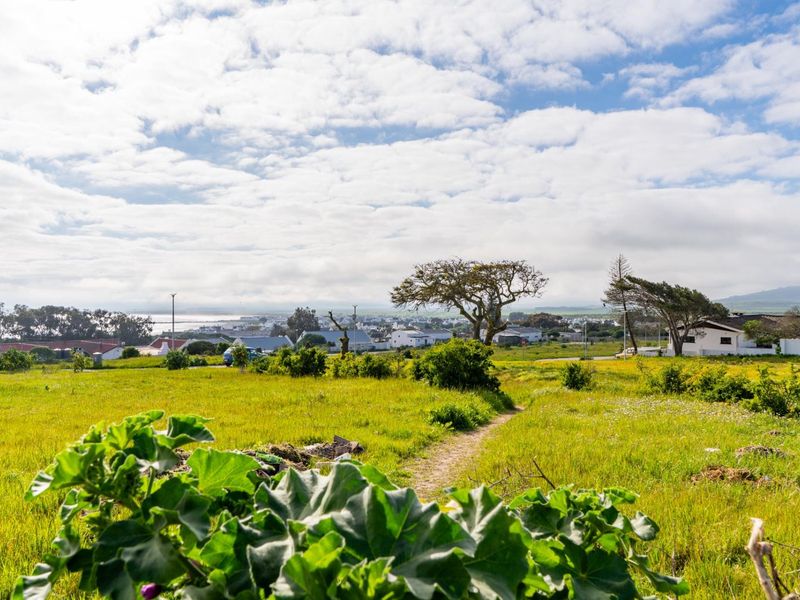 A scenic view overlooking a grassy vacant residential plot with surrounding neighborhood and distant coastal landscape.
