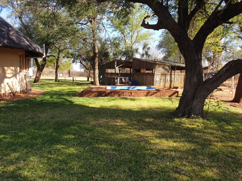 Outdoor pool area featuring a raised wooden deck and a rustic thatched lapa structure set within a spacious garden.