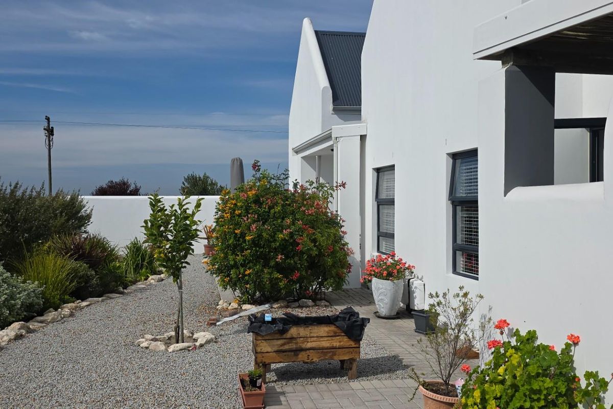 A well-maintained rear exterior view of the house featuring a gravel garden, paved walkway, and clean white facade.