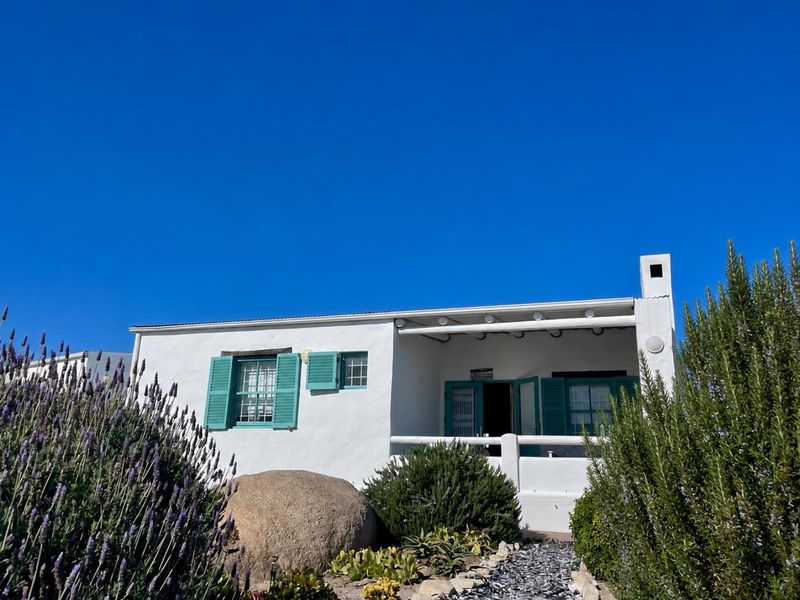 A charming white cottage-style home featuring a covered front patio, green shutters, and a prominent chimney, set within a landscaped garden.