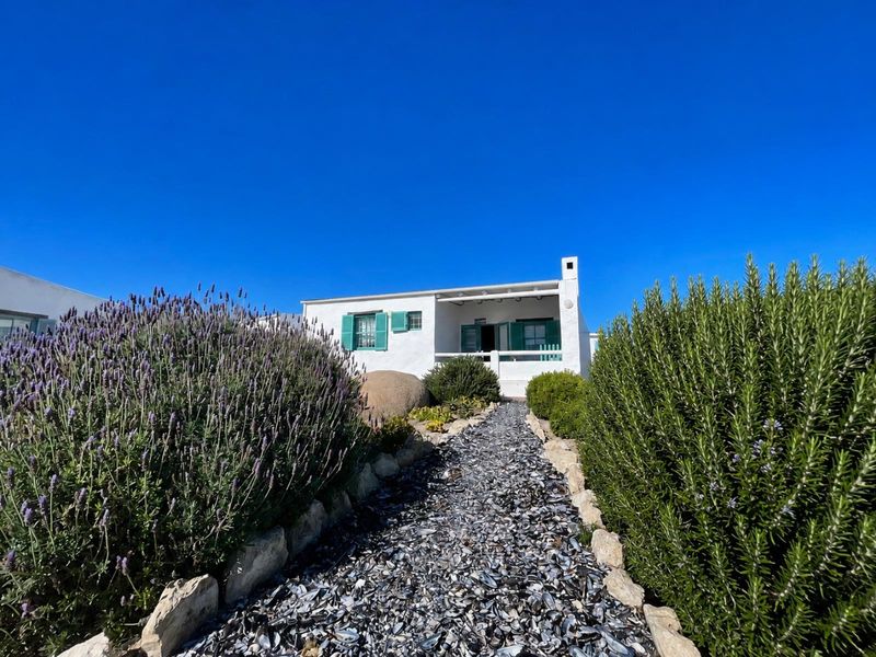 A charming white cottage exterior featuring green shutters, a covered patio, and a unique shell-lined pathway leading through a landscaped garden.