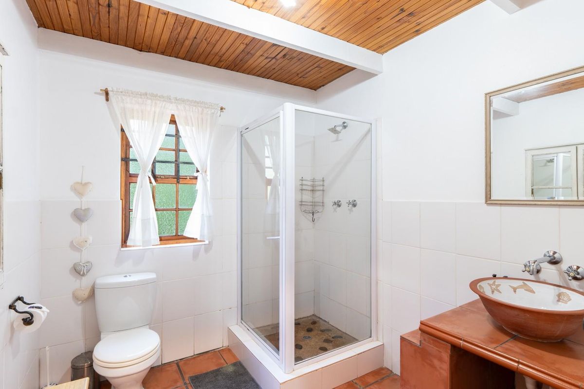 A bathroom featuring a shower enclosure, toilet, and a unique vessel sink set on a tiled vanity with a timber-paneled ceiling.