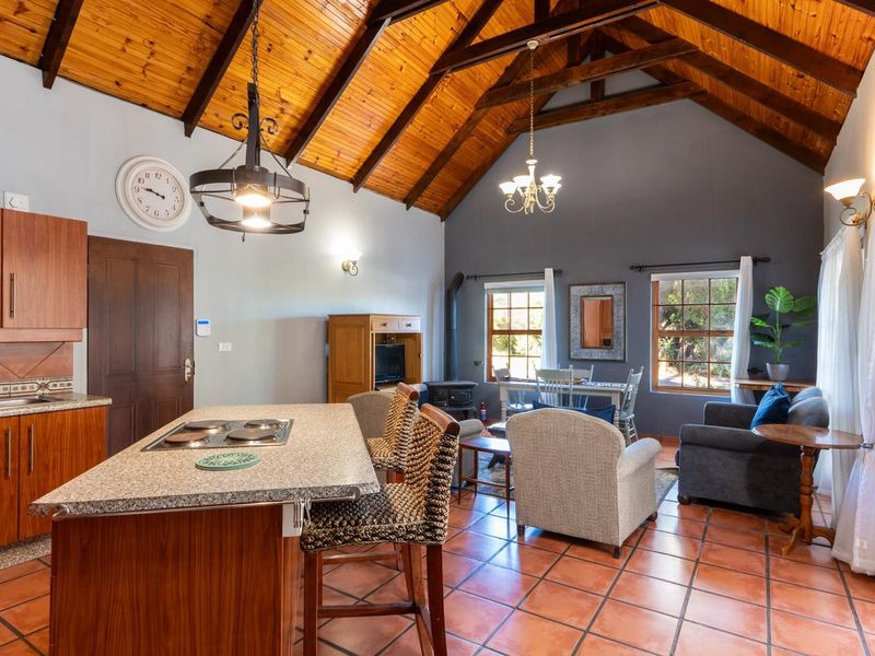 Spacious open-plan living area featuring a vaulted timber ceiling, exposed trusses, a functional kitchen island, and a cozy wood-burning stove with tiled flooring.