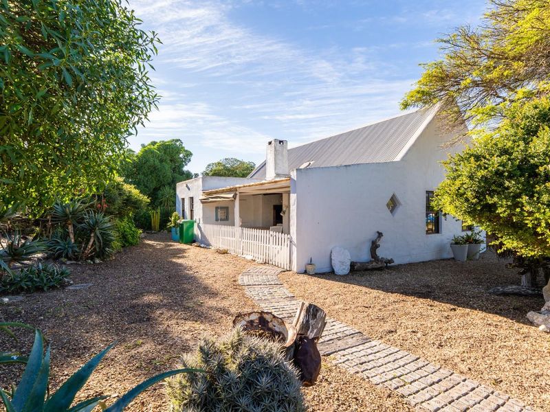 A view of the rear exterior of the house featuring a white masonry facade, corrugated metal roof, and a stone pathway leading to a patio.