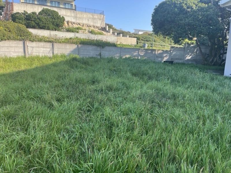 A vacant residential plot featuring overgrown grass, enclosed by a precast concrete boundary wall with a tiered retaining wall in the background.