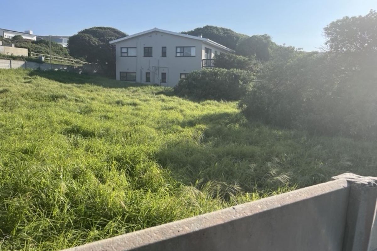 A view of a sloped, grass-covered residential plot with a concrete boundary wall in the foreground and a neighboring house in the background.