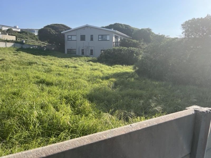 A view of a sloped, grass-covered residential plot with a concrete boundary wall in the foreground and a neighboring house in the background.