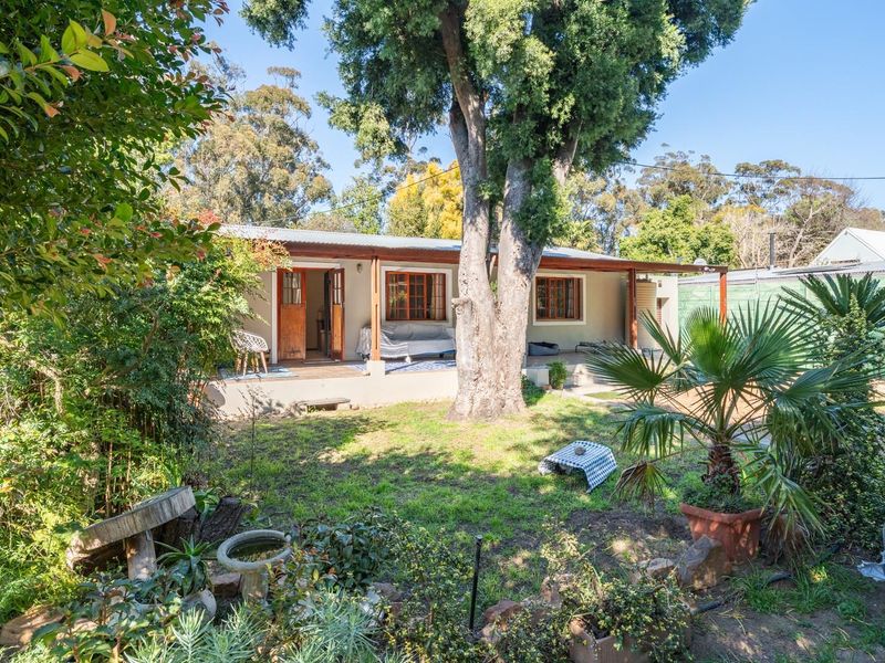 Rear view of the property featuring a covered patio area, timber framed windows and doors, and a mature garden setting.