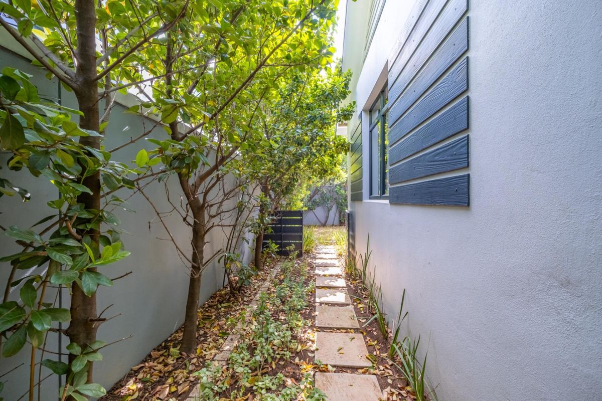 A narrow side garden path featuring stone pavers, mature trees, and modern timber cladding on the exterior wall.