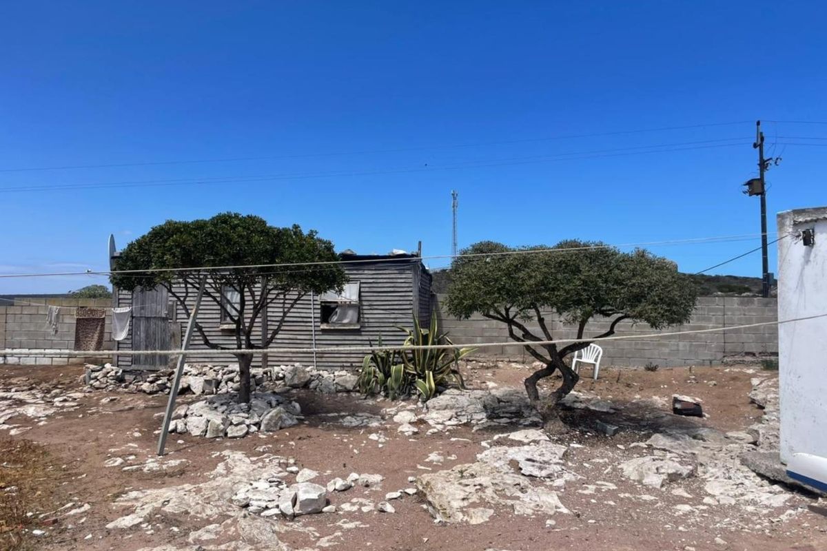 Rear exterior view of a property featuring a timber-clad structure, cinder block boundary wall, and an undeveloped, rocky garden area.