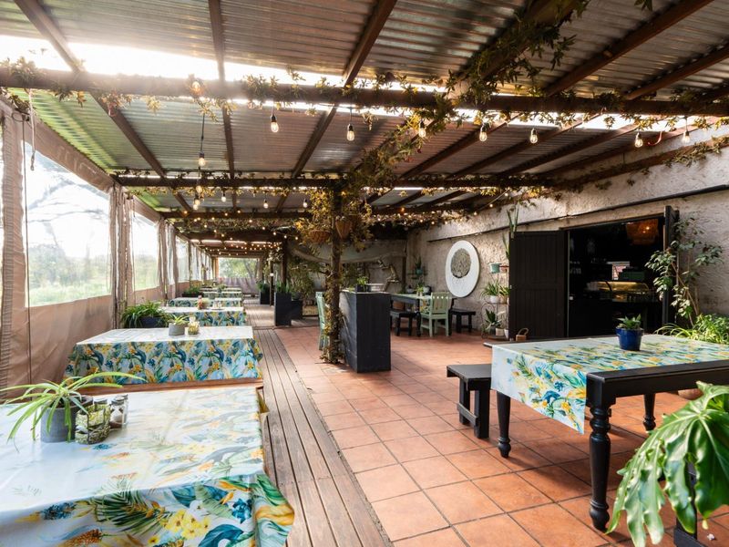 A spacious covered outdoor patio area featuring terracotta tiling, timber decking, and overhead string lighting, suitable for commercial dining or events.