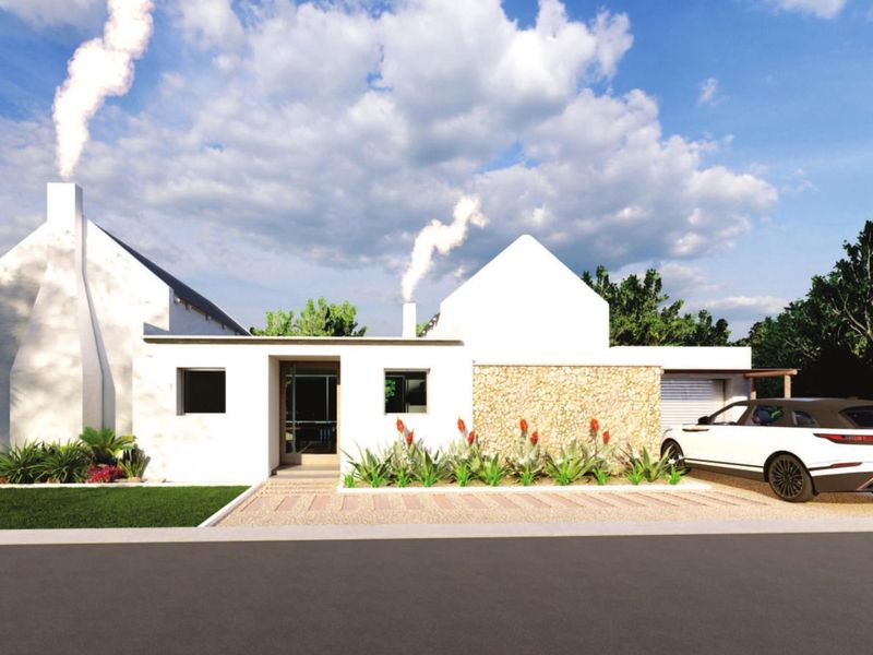 A modern architectural rendering of a front facade featuring white walls, stone cladding, dual chimneys, and a paved driveway.