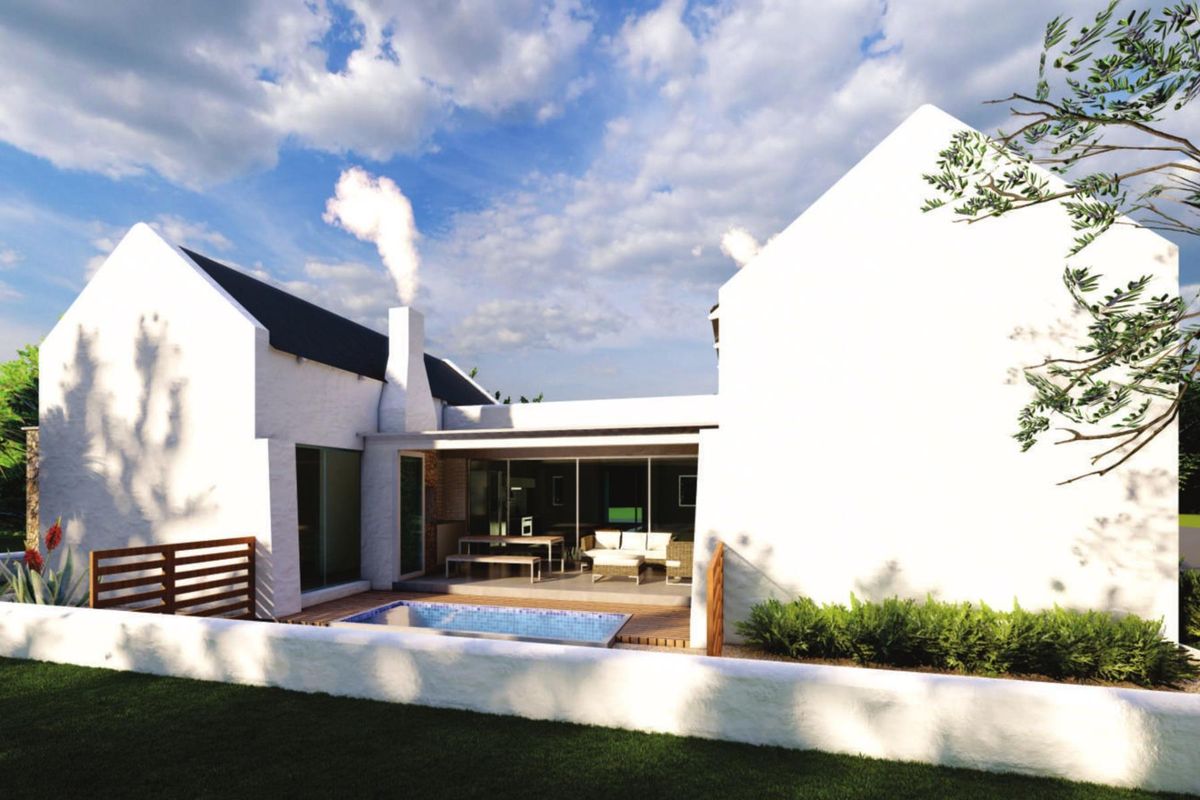 Rear view of a modern farmhouse-style home featuring a swimming pool, timber decking, and a covered patio area with large sliding glass doors.