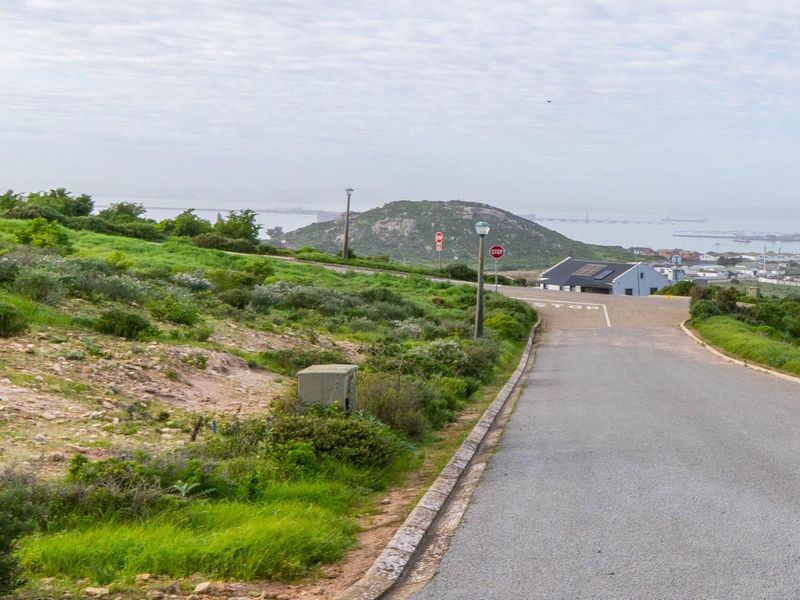 A view of the paved street and surrounding landscape, featuring established infrastructure including street lighting and utility access points.