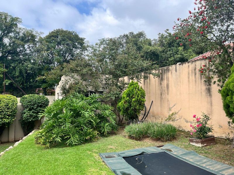 A private garden area featuring a lawn, mature trees, and a boundary wall requiring maintenance.