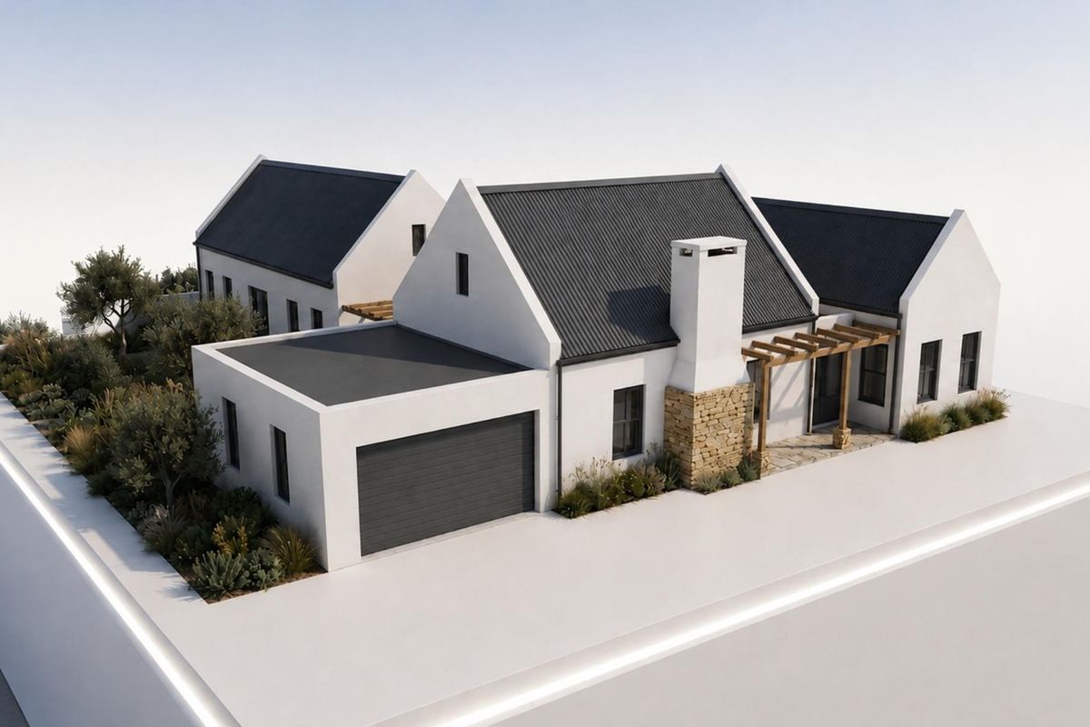 An aerial perspective of a modern farmhouse-style residence featuring a corrugated metal roof, stone chimney detail, and an integrated garage.