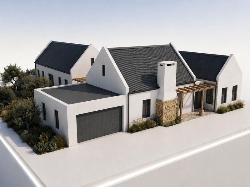 An aerial perspective of a modern farmhouse-style residence featuring a corrugated metal roof, stone chimney detail, and an integrated garage.