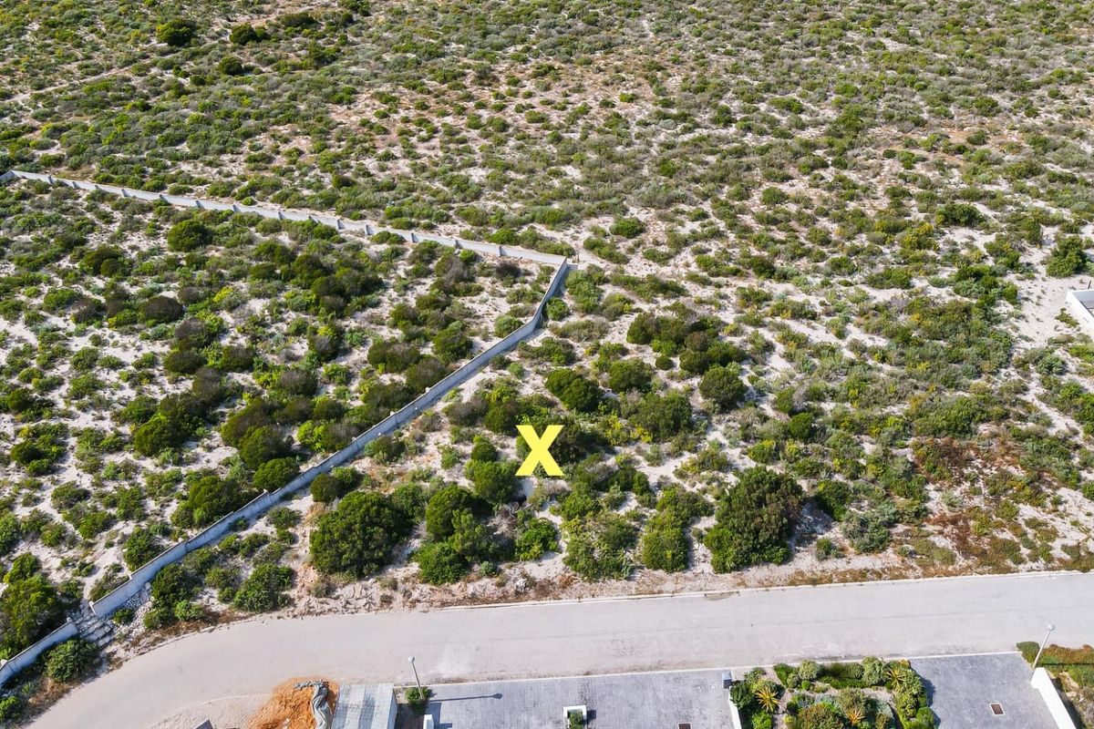 Aerial view of a vacant plot of land featuring natural coastal vegetation and a boundary wall, situated adjacent to a paved residential road.