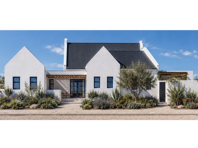 A beautifully maintained modern farmhouse with a striking white facade, dark corrugated roof, timber pergola, and well-established landscaped garden.