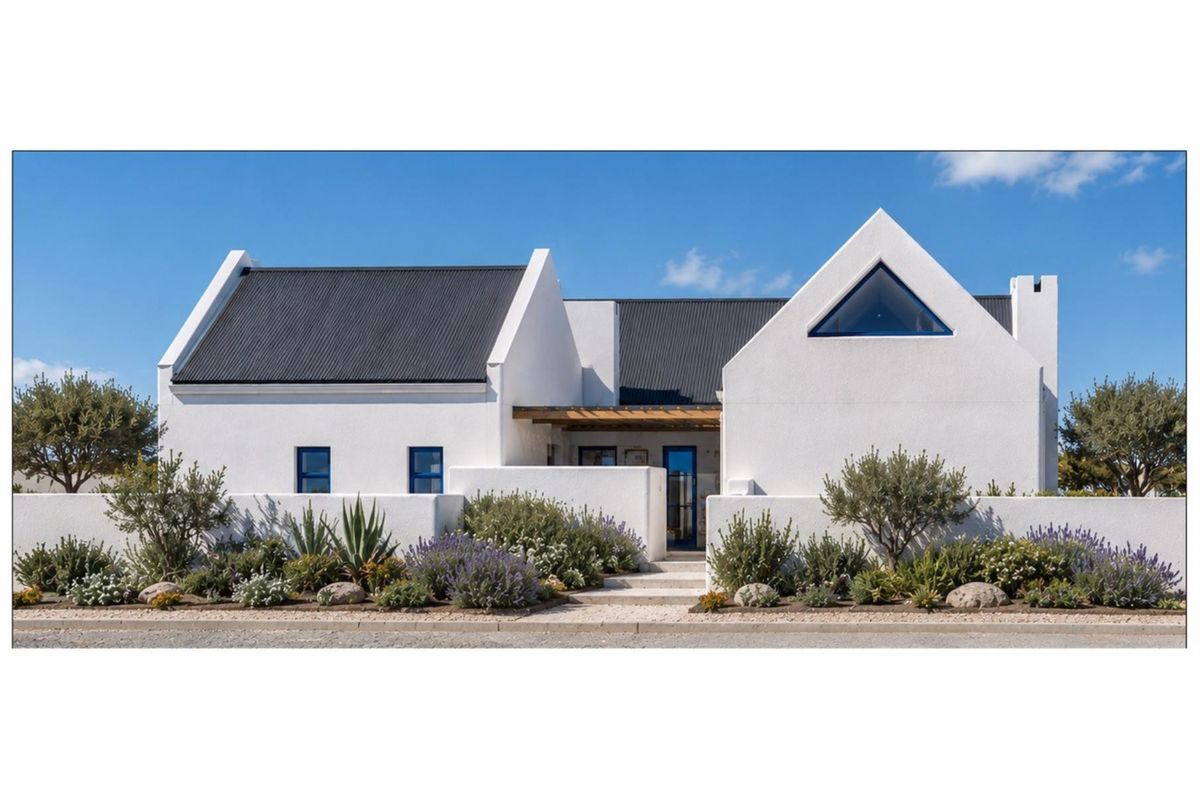 A modern, well-maintained single-story home featuring a striking white stucco facade, corrugated metal roof, and a landscaped front garden with a paved entrance.