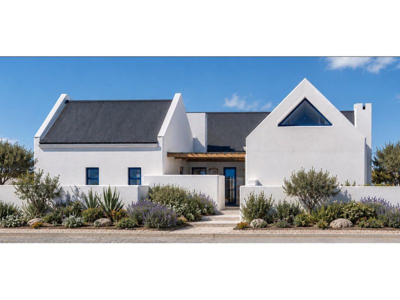 A modern, well-maintained single-story home featuring a striking white stucco facade, corrugated metal roof, and a landscaped front garden with a paved entrance.